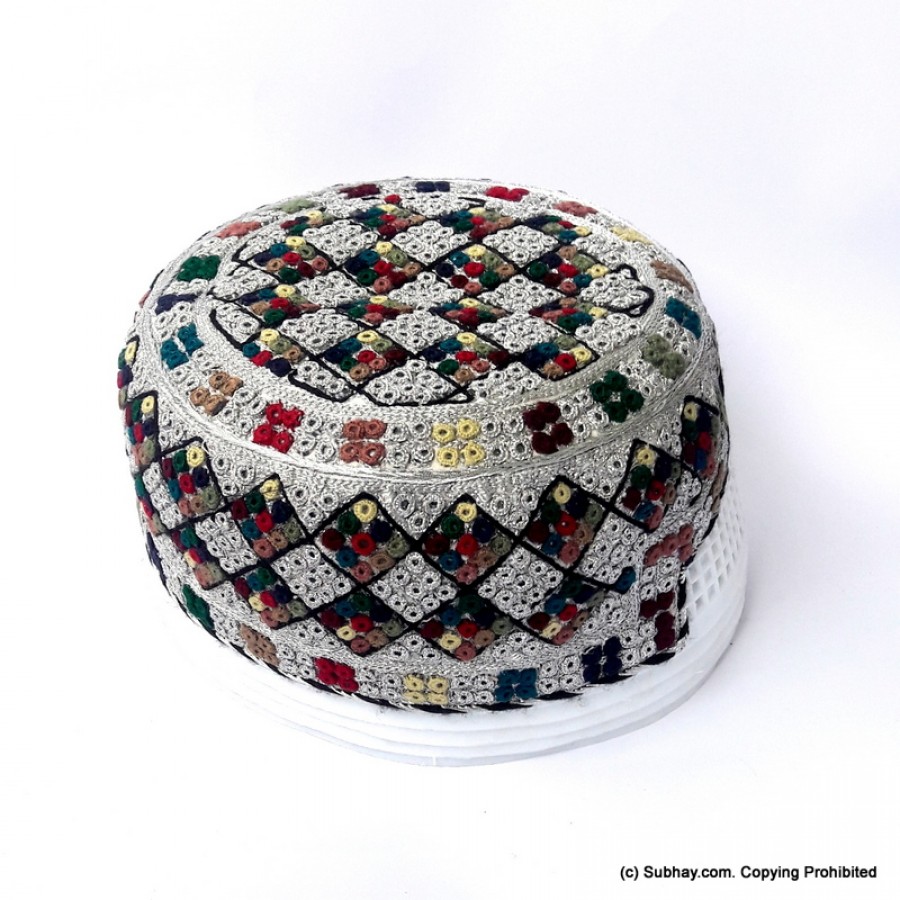 Silver & Multi Color Saeedabad Yaqoobi Zardari Cap or Topi MKC-673